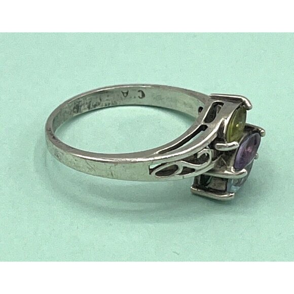 Vintage 925 Sterling Silver Three Stone Marquis Ring Amethyst Peridot Topaz 9.75 - Picture 4 of 6